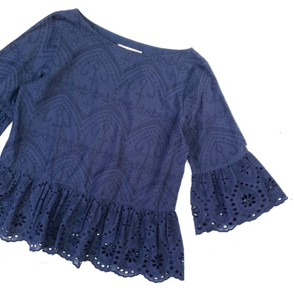 LOFT Tops - LOFT Blue Embroidered Peplum Bell Sleeve Top